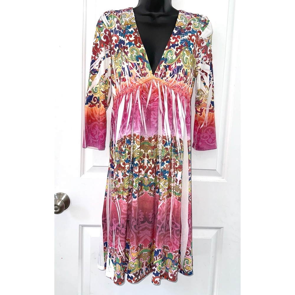 STWELVE V-NECK 3/4 SLEEVE COLORFUL RHINESTONE DRESS